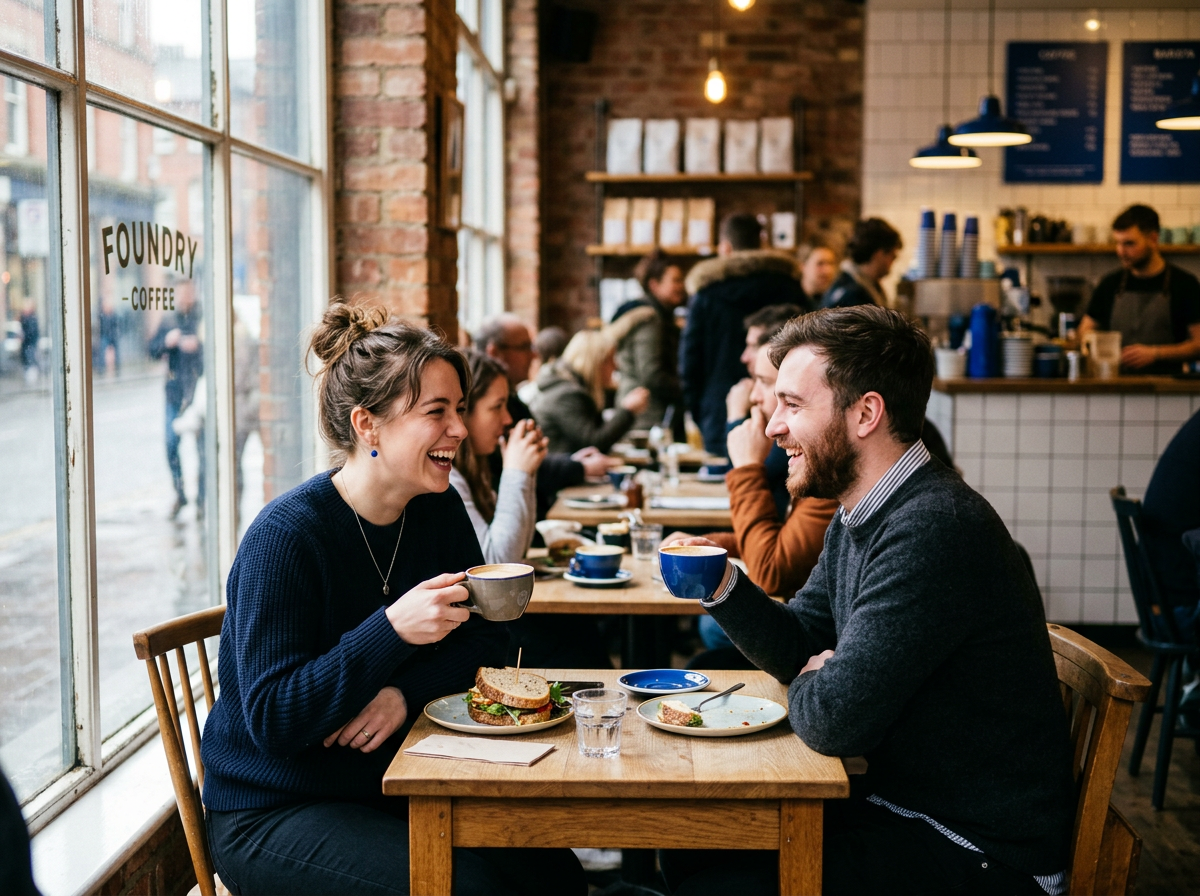 Two people chatting over lunch at a small table in a bright café